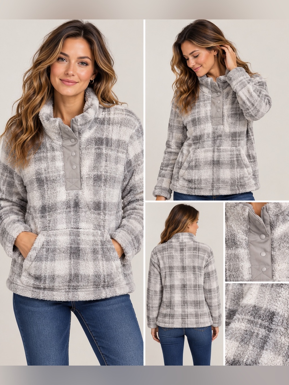Eddie Bauer Woman’s Large Fleece Plaid Sherpa Snap Pullover Gray White